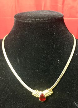 Gold Plated Chain Pendent Necklace with Red Jewel Charm Pendent