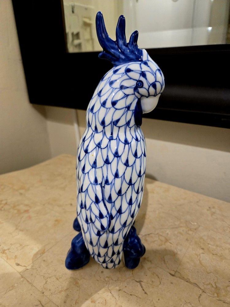 Andrea by Sadek Porcelain Blue & White Fishnet Cockatoo Parrot Figurine 8" Tall