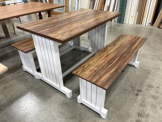 Modern Farmhouse Style Dining Set with Rustic Brown Wood Grain Top and Slatted Panel Base