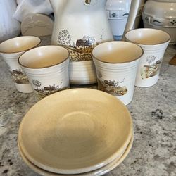 Pitcher With Four Cups And Three Small Plates 