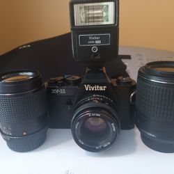 Vivitar XV11 35mm SLR Camera-Complete With 3 Lenses And Flash 
