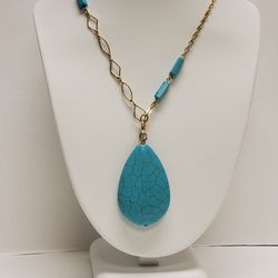 Gold Tone Bohemian Faux Turquoise Necklace 34"