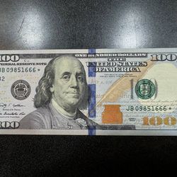 $100 Bill Star Note ⭐️ 2009 Fancy Triple Digit JB09851666* 👿 666 Rare Bill