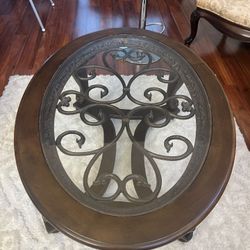 Wood, Glass And Wrought Iron Coffee Table