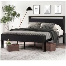 Queen Metal Platform Bed frame With Wooden Headboard And Footboard , Matress Foundation No Box Spring Needed, Large Underbed Storage,