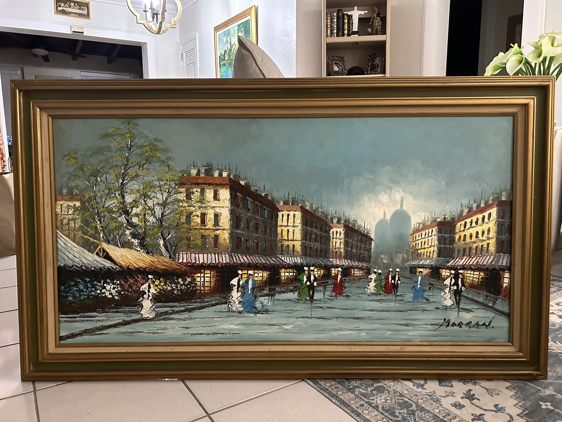 Framed cityscape oil painting signed by John William Morgan