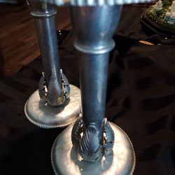 Vtg  Aluminum Candlesticks Hand Forged Continental with Leaf Marked