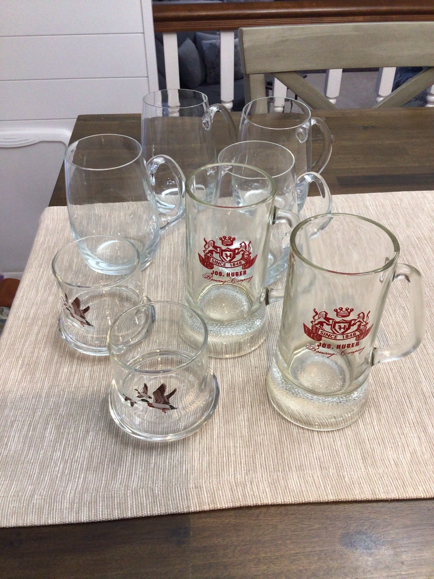 Vintage Jos. Huber Beer Mugs, Mallard Duck Whiskey Glasses, (4) Glass Tankards Never Used 1970-80’s