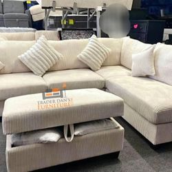 Brand New Ivory Corduroy Sectional Sofa Couch w/USB +Storage Ottoman (New In Box)