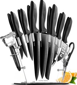 NIB MH Cook Acrylic Fan Style Knife Block + Knife Set Black and Stainless Steel