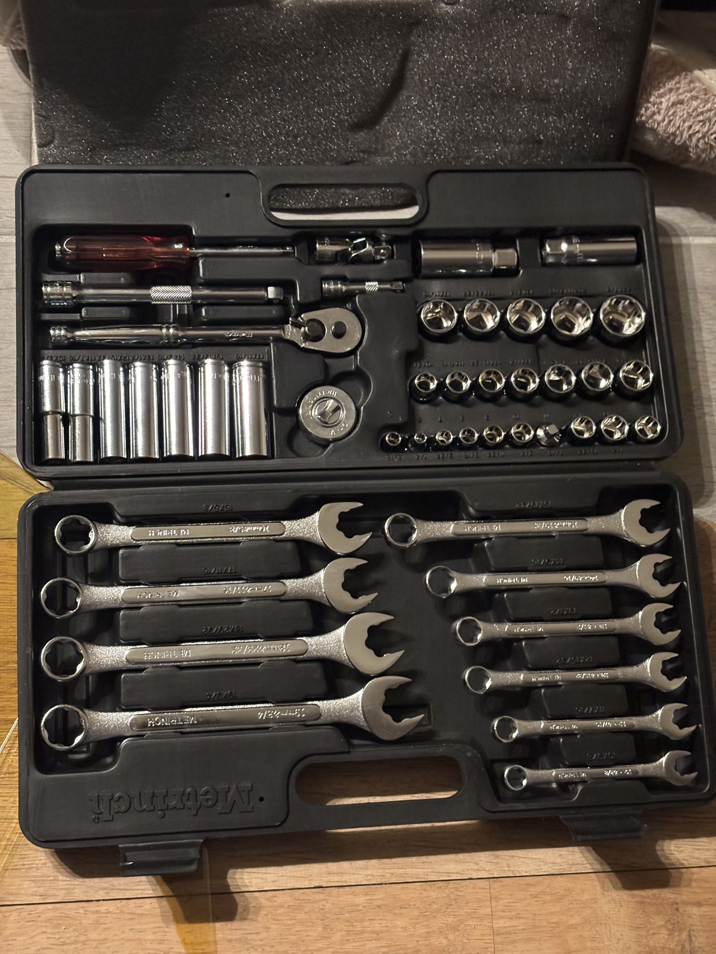 Brand new opened end wrenches and ratchet set