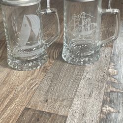 2 America's Cup 12 Meter Racing Sloop Sailing German Beer Glass Mug Steins