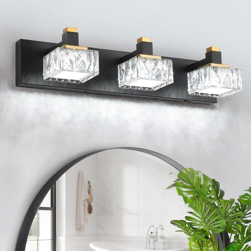 Bathroom Vanity Light Over Mirror Dimmable LED Black Gold Crystal Wall Fixture 6000K