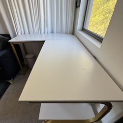Modern Reversible L-Shaped Desk – White & Gold Frame w/ Shelving
