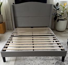 Queen Gray Wingback Upholstered Bed Frame w/ Nailhead Trim & Wood Slats