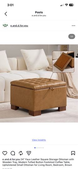 24” Faux Leather Square Storage Ottoman with Wooden Tray, Modern Tufted Button Footstool Coffee Table, Upholstered Small Ottoman for Living Room, Bedr