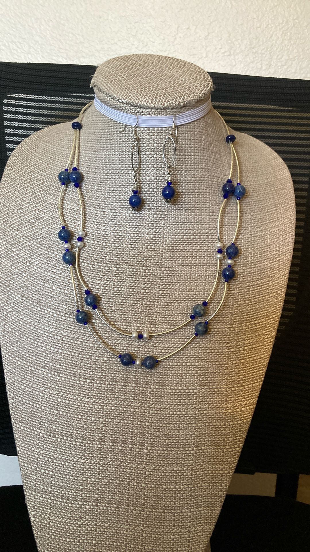 Lapis Lazuli , Fresh Water Pearl Necklace With Matching Earrings