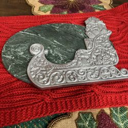Heavy Marble Green And Metal Christmas Santa’s Sleigh Cheese Cutting Board 