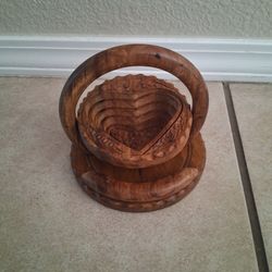 Heart Shape TRIVET To BASKET Collapsible Hand Carved Wood w/ Handle