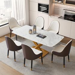 Set Of 6 - Beige / Brown PU Leather Dining Chair w/ Metal Legs [NEW]  [CHAIRS ONLY / TABLE NOT INCLUDED] 