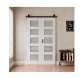 Barn Door 48x84 Inch (Double 24x84), White Frosted Glass Bifolding Doors with 52" Hardware Kit Included, Closet Sliding Wood Panel Slab, Save Space, S