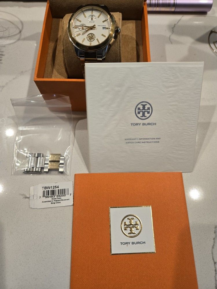 Tory Burch Yellow Gold Collins Cream Dial Chronograph Watch TBW1250 Logo NIB
