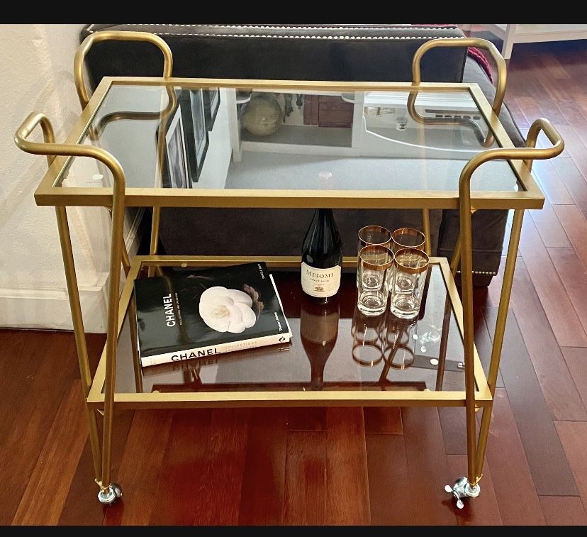 Bar/ Gold Trim And Glass Shelf Cart