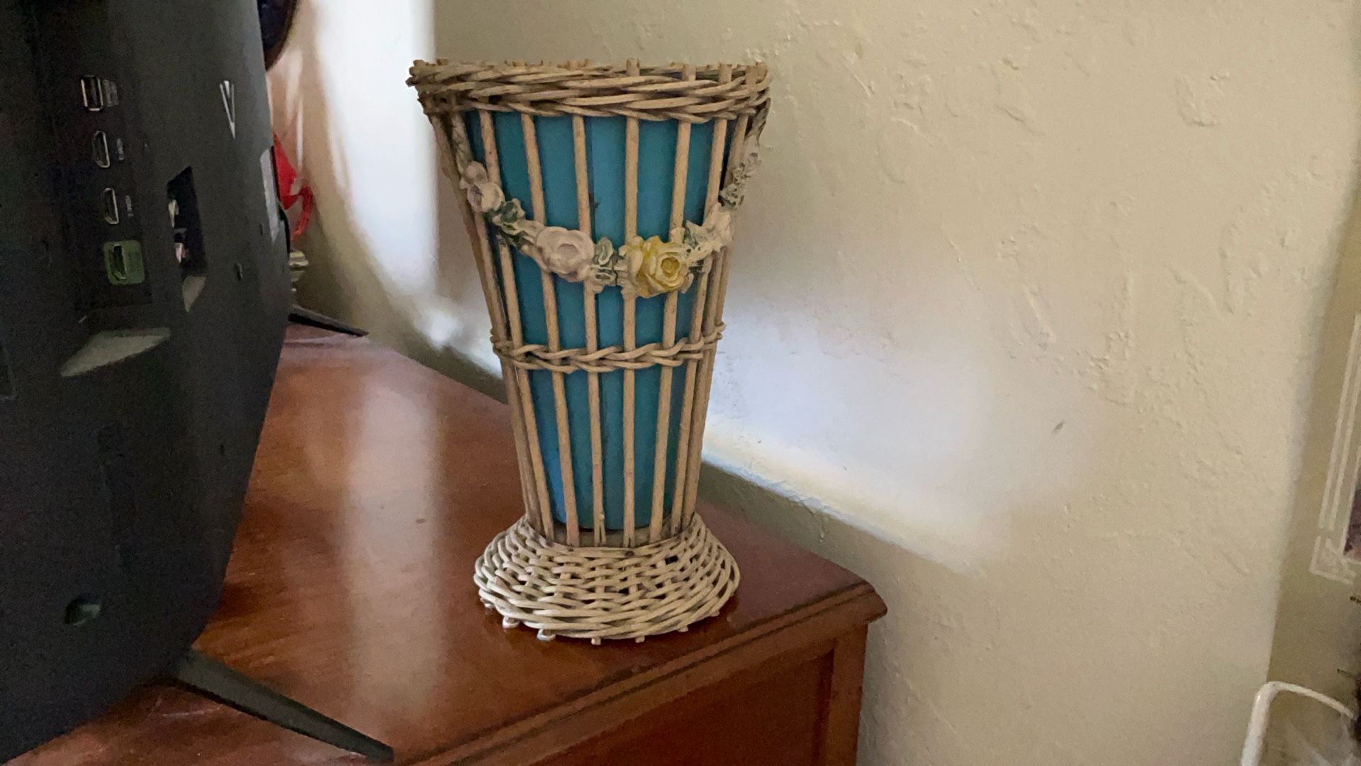 Rare Victorian, Antique Flower Basket, Jesso Flowers  Wicker