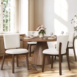 New Set Of 3,  Beige Fabric Upholstered Dining Chair Large-sized Cushion Side Chair with Solid Wood Dark