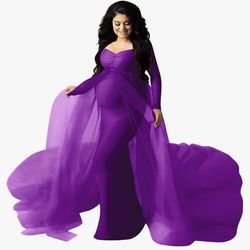 Purple Maternity Dress Photoshoot Long Sleeve Off Shoulder Fitted M