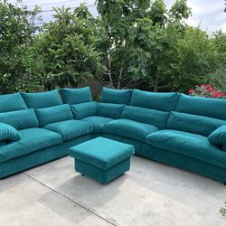 Need Gone ASAP Large Turquoise/Emerald Sectional w/ Reclining Headrests + Ottoman (Feather Filled)