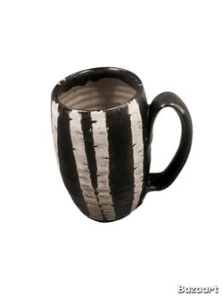 Unique Hand-Thrown Pottery Mug - Black & Cream Striped Design