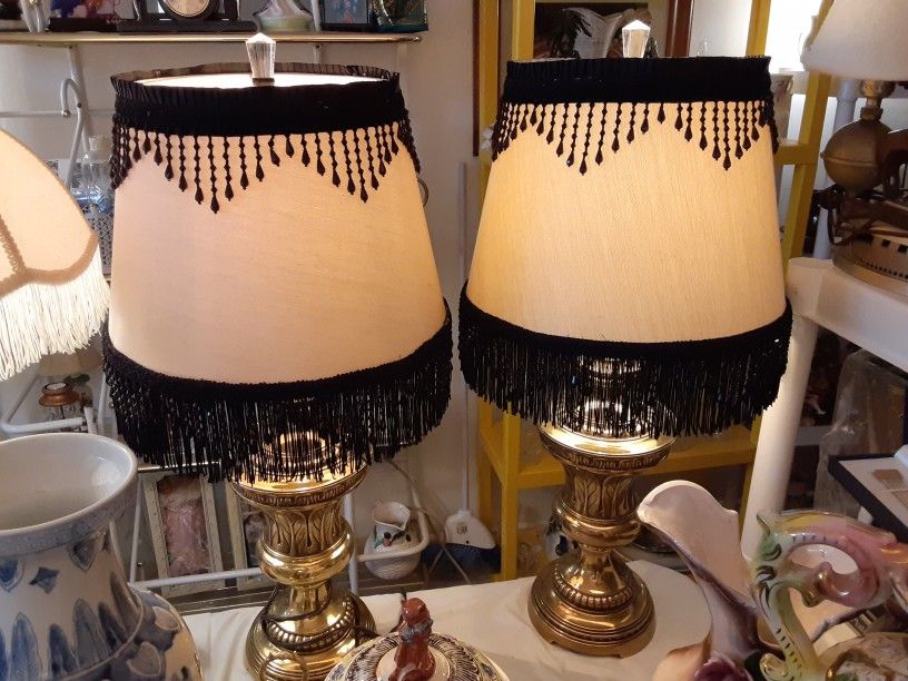   VERY UNIQUE LOOKING VINTAGE  BRASS AND  BLACK  LAMPS WITH  REALLY  DIFFERENT LOOKING  SHADES 