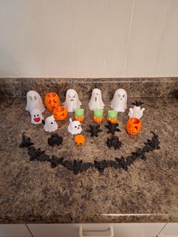 Halloween decor, ghosts, cat, dog, bat, spider, pumpkin
