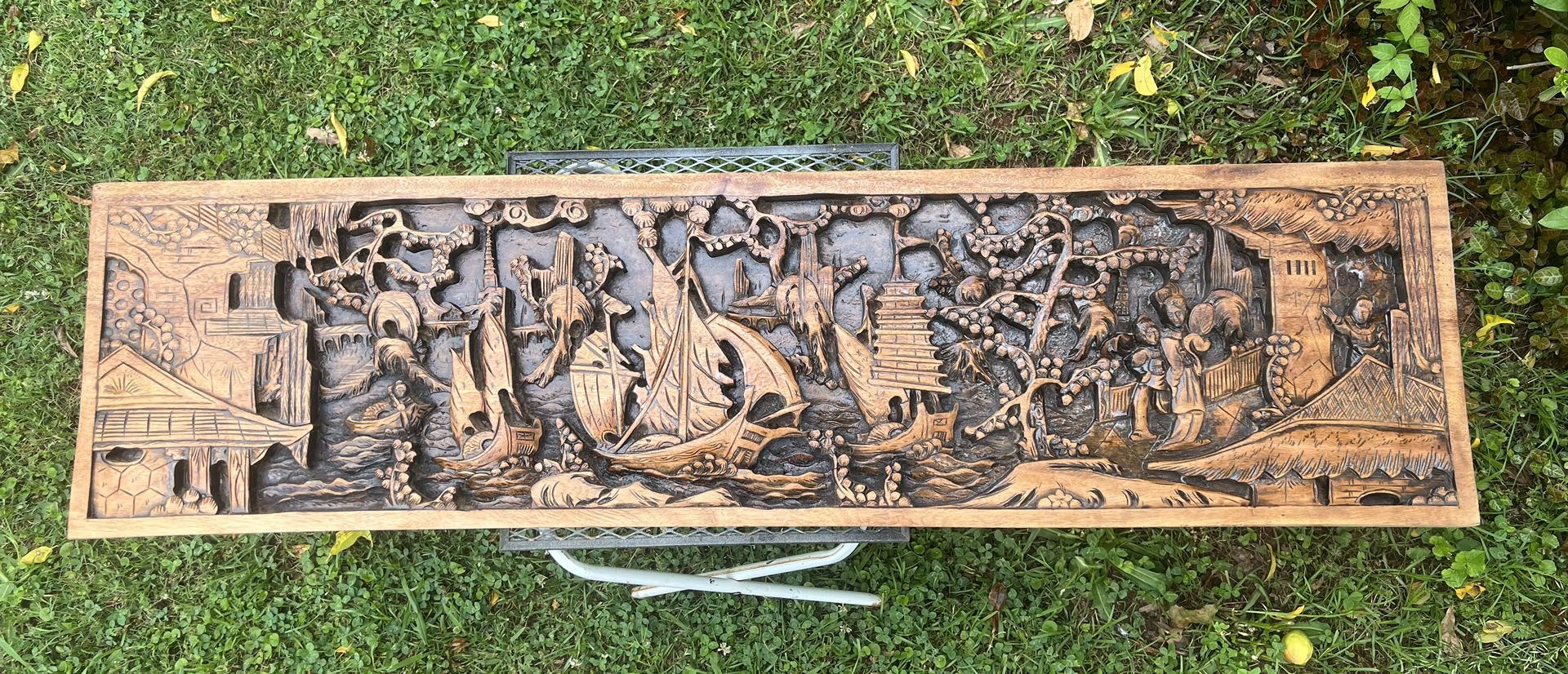 Oriental Wood Carving Panel 53 x 14 inc