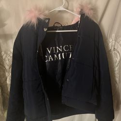 Vince camuto jacket - Sz L navy w/ pink fur collar super cute!