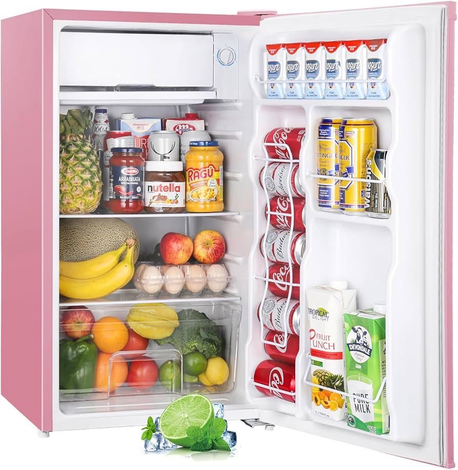 3.2 Cu.Ft Mini Fridge with Freezer, Single Door Mini Fridge, Dorm Fridge, Adjustable Thermostat, Mini Refrigerator for Bedroom, Office, Dorm, Pink-BR