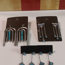 Set Of 4 Turquose Earrings Stud Dangle Hook Lightweight Bohemian BOHO 