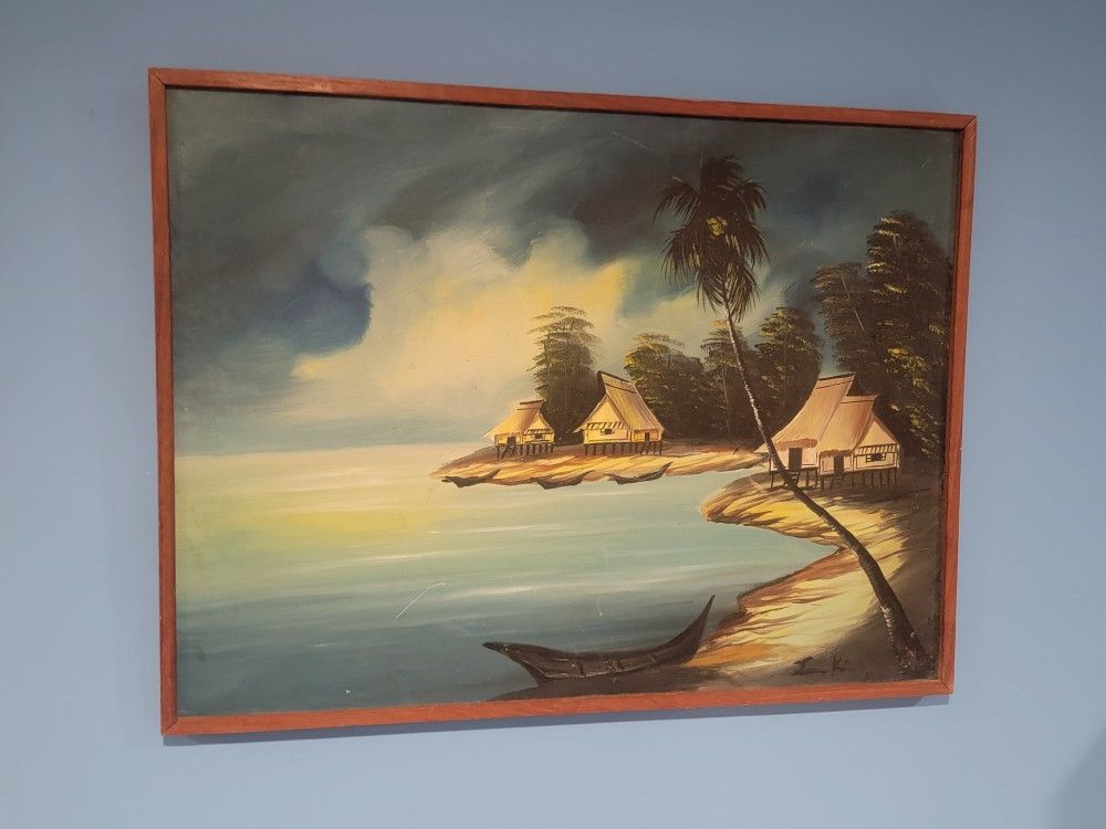 Original Framed Signed Painting Hand Painted Sea & Tiki Huts by Unknown Artist