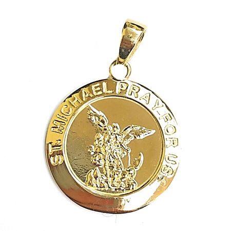 Saint Michael (pray for us ) religious pendant 14K REAL YELLOW GOLD.