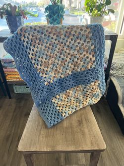 Baby Blue & Tan Afghan blanket. Size 44x64 ish ☑️ Profile for More items!!