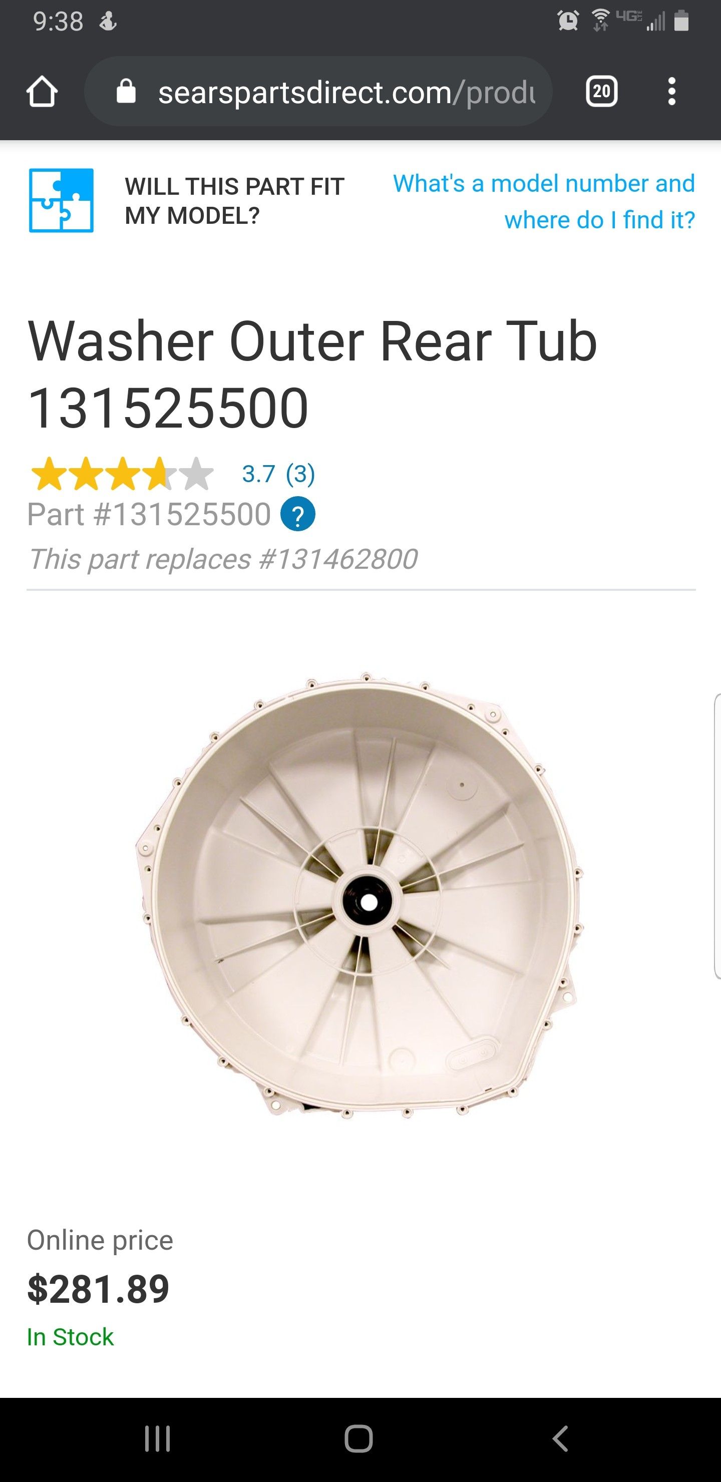 Kenmore 41740042990 back half outer washer tub and motor