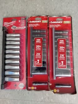 10 metric 4 sided deep  sockets. 10 piece thin wall  deep impact sockets.  3/8 drive  metric and sae with extensions