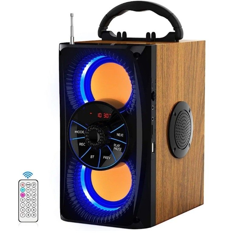 DINDIN Wireless Bluetooth Speaker with Lights 10W HD Sound and Bass, Wood body, Four Stereo Loud, Portable Record Speakers for Home, Party, Outdoor, T