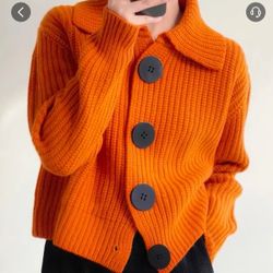 Shawl Collar Raglan Sleeves Buttoned Casual Cardigan STYLEWE  Color:Orange  Size M