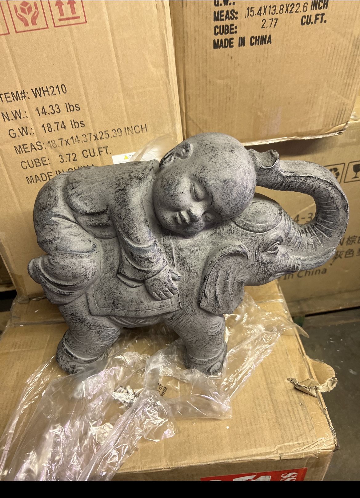 Gray MgO Buddha Monk and Elephant Garden Statue for Sale in Glendale