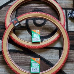 NEW Bicycle Bmx Cruiser Bike Tires 24" Red Gumwall Knobby Pattern 