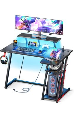 MOTPK Small Gaming Desk with LED Lights & Power Outlets,