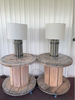 Pair of Rustic Spool Side Tables with Lamps