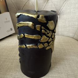Luminara Skeleton Hands Flameless LED Candle, Black & Gold 3" x 6.5", Moving Flame Pillar, Battery Operated Timer Real Wax Halloween Gothic Home Decor